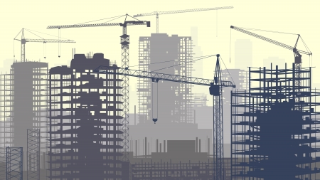 Horizontal vector illustration of construction site with cranes and skyscraper under construction in yellow-grey.