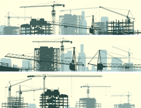 Vector horizontal banner of construction site with cranes and skyscraper under construction.