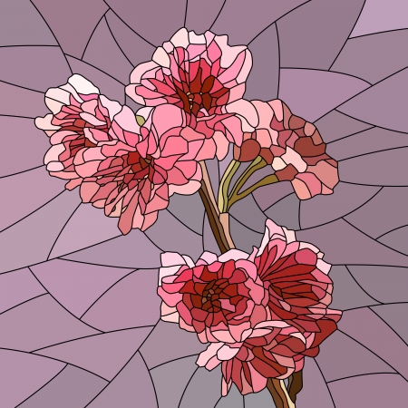 mosaic with large cells of pink cherry tree branch with flowers on grey purple.のイラスト素材