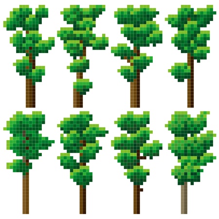 Set of simple green pixel high tree  pine  16x32 cells  のイラスト素材