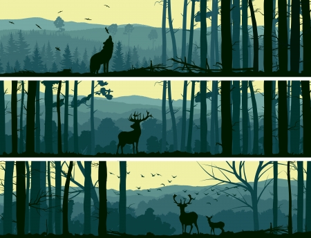 Horizontal Abstract Banners Of Wild Animals Deer Wolf In Hills