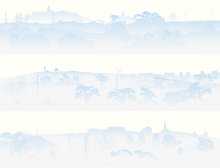 Horizontal banners of morning misty valley with lonely trees and buildings in pale blue tone.のイラスト素材