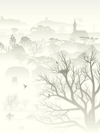 Vertical illustration of wood valley, morning fog with nest in tree and birds pale tone.のイラスト素材