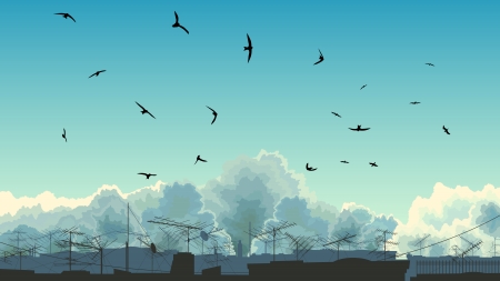 Vector illustration of blue sky with clouds and birds over roofs with television aerials (antenna).のイラスト素材