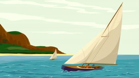 Vector illustration of sport sail yacht against island in cartoon style.のイラスト素材