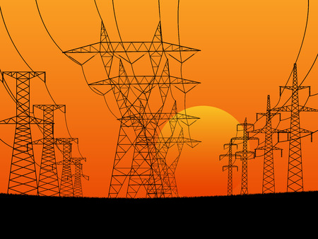 illustration with high voltage electric transmission line tower at sunset.のイラスト素材