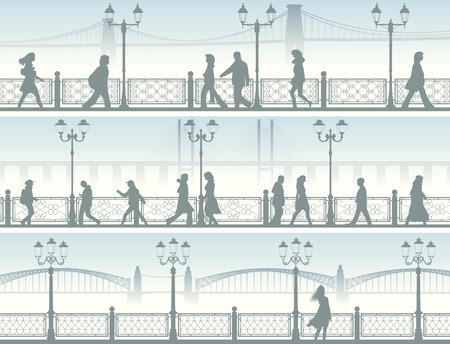 Set of horizontal banners of walking people along embankment with fence and streetlights.のイラスト素材