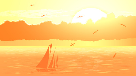 Vector panorama illustration of sunset in ocean with yacht, birds and clouds in yellow tone.のイラスト素材