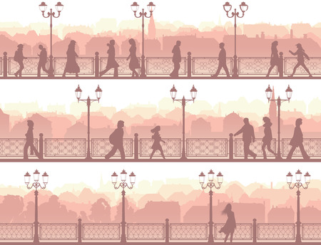 Set of horizontal banners of walking people along downtown street with fence and streetlights.のイラスト素材