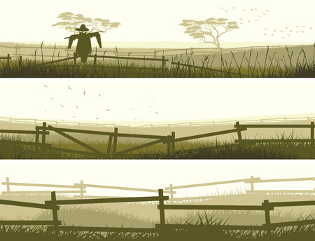Set of horizontal vector banner farm fields with fence.のイラスト素材