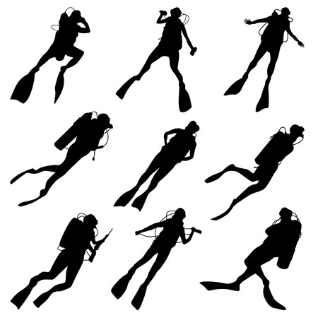 Set of vector silhouettes scuba diving in different poses.のイラスト素材