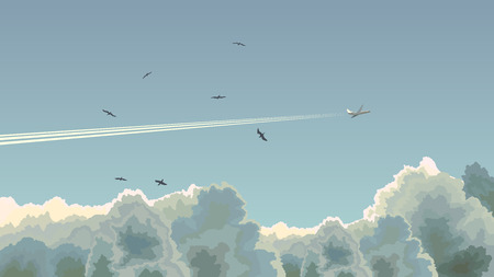 Vector horizontal illustration of plane with trace among clouds in blue sky.