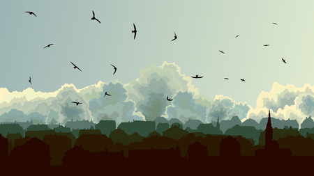 Horizontal illustration old historic European city on background of cloudy sky.のイラスト素材