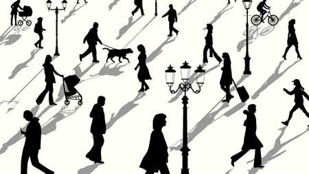 Vector horizontal illustration crowd of people and lampposts silhouettes with shadows.のイラスト素材