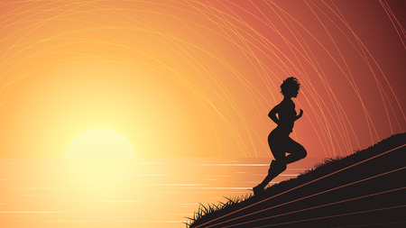 Vector horizontal illustration of sports woman runs up at sunset above sea from coast.のイラスト素材