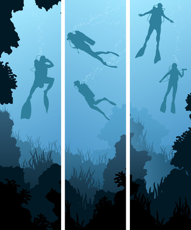 Set vertical banners of scuba divers under water among coral in cave.のイラスト素材