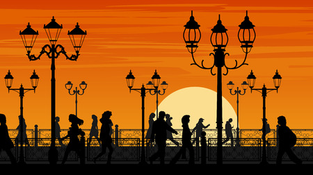 Horizontal illustration of walking people along sunset seafront street with fence and streetlights.のイラスト素材