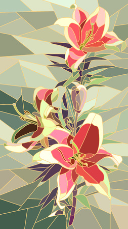 Vector vertical mosaic with large cells of pink lily on green.のイラスト素材