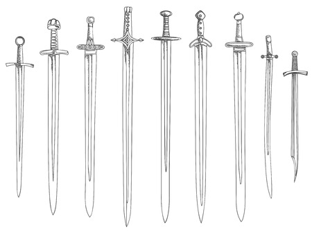 Set of vector medieval swords with different hilts (drawn in ink).のイラスト素材