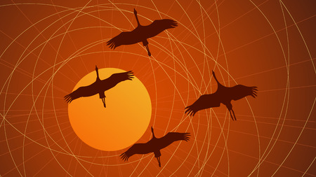 Abstract art illustration flock of cranes against orange sun.のイラスト素材