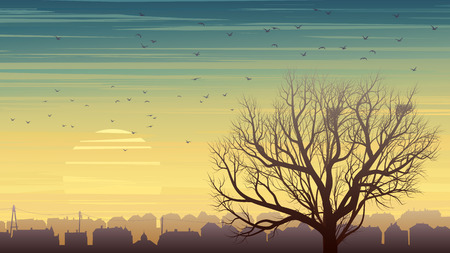 Horizontal illustration of old historic European city and lonely tree without leaves with nest and birds at sunset.のイラスト素材