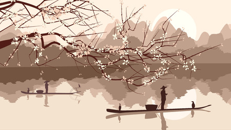 Vector illustration branch of cherry blossoms and fisherman fishing boats on lake against sun in Asian motive.のイラスト素材