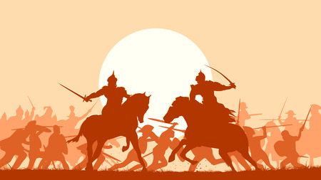 Horizontal vector illustration fight between two warriors on background of battle at sunset.のイラスト素材