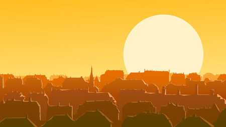 Horizontal vector illustration of old historic European city and roofs reflect rays of the setting sun.のイラスト素材