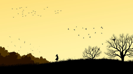 Horizontal illustration landscape with silhouette of lonely girl in field windswept.のイラスト素材