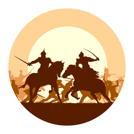 Abstract round logo of illustration fight between two warriors on background of battle at sunset.のイラスト素材