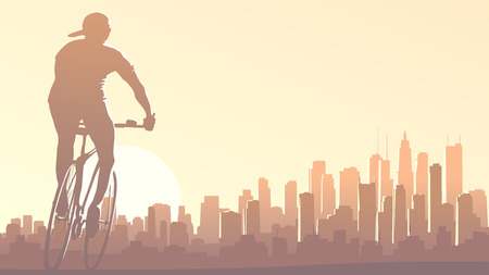 Horizontal illustration of lonely cyclist rides at sunset on background of big city and skyscrapers with glare from sun.のイラスト素材
