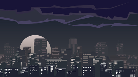 illustration of stylized big city with downtown and skyscrapers at moonlit night.のイラスト素材