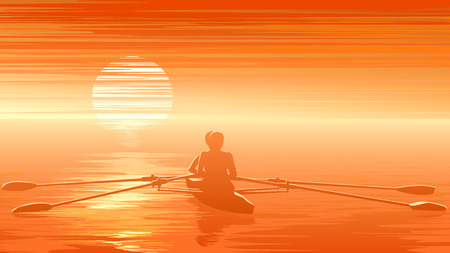 Horizontal vector illustration of rowers at sunset ( in orange tone).のイラスト素材