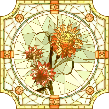 Vector mosaic of brightly orange immortelle with buds in round stained-glass window frame.のイラスト素材