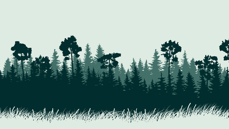 Horizontal abstract illustration of green coniferous forest with grass.のイラスト素材
