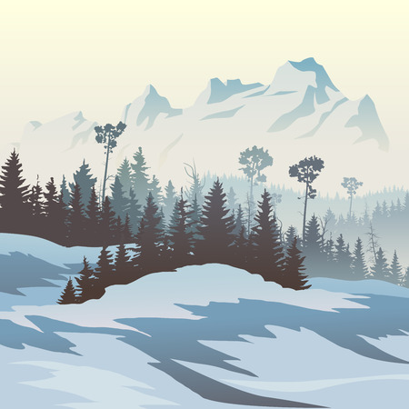 Square vector illustration of snowy coniferous forest valley with mountains.のイラスト素材