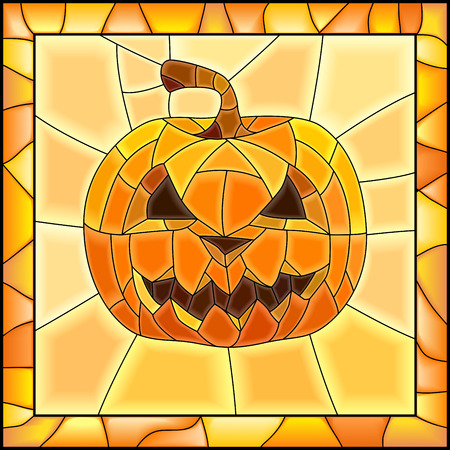 Square illustration of Halloween pumpkins as stained glass window with frame (orange tone).のイラスト素材