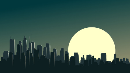 horizontal illustration of abstract big city and skyscrapers with glare from moon.のイラスト素材