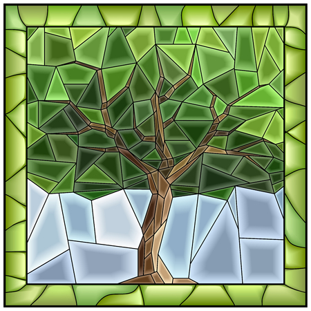 Vector green illustration of tree stained glass window with frame.のイラスト素材