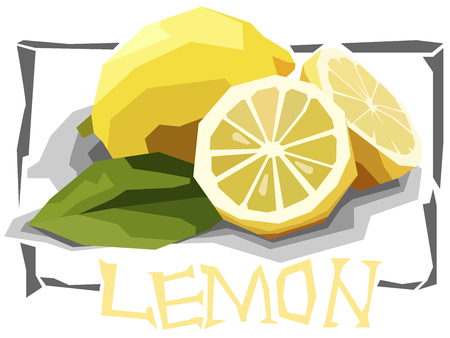 Vector simple illustration of fruit yellow lemon with halves in angular cartoon style.のイラスト素材