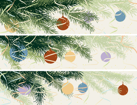 Set vector horizontal banner of spruce branch with Christmas decorations in pastel tone.のイラスト素材