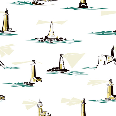 Seamless background of stylized lighthouses with rays of light and waves.のイラスト素材