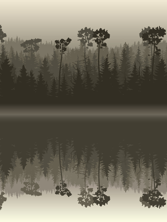 Vertical illustration twilight misty coniferous forest with its reflection in water.のイラスト素材