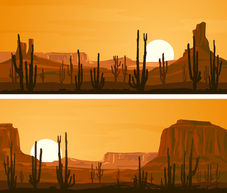 Set of horizontal wide banners with prairie wild west and cacti at sunset.のイラスト素材