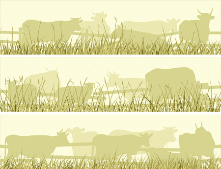 Set of horizontal vector banners: silhouettes of grazing animals on meadow (cows, sheeps).のイラスト素材