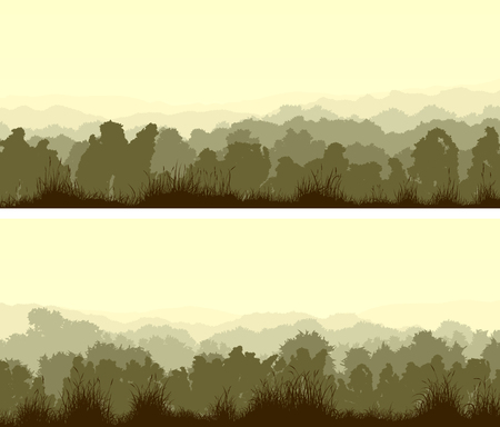 Set of horizontal wide banners of deciduous wood with grass in light green tone.のイラスト素材