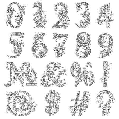 Set of fishnet (lace) font with numeric figures and additional signs.のイラスト素材