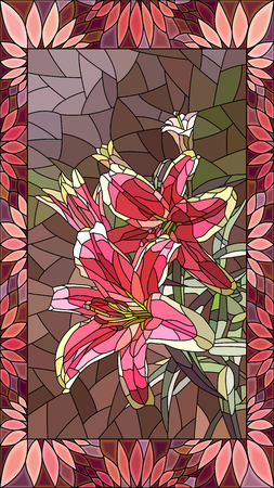 Mosaic with couple pink lilies in vertical stained-glass frame.のイラスト素材