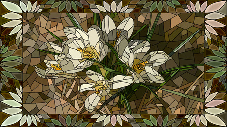 Vector mosaic with flowers white crocuses in horizontal stained-glass window frame.のイラスト素材