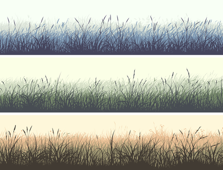 Set of horizontal color banners of grassland meadow with high grass.のイラスト素材